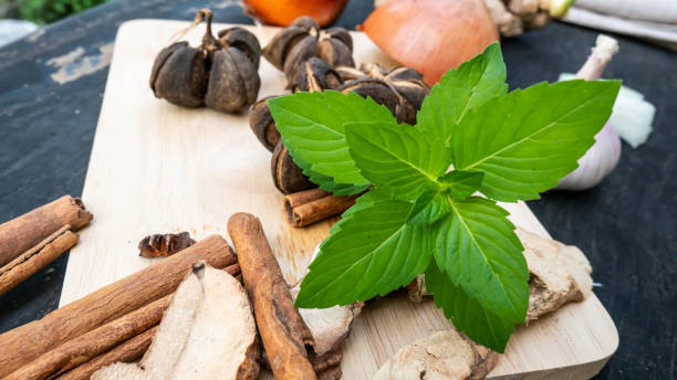 Fennel seeds, peppermint leaves, and dandelion root on a cutting board