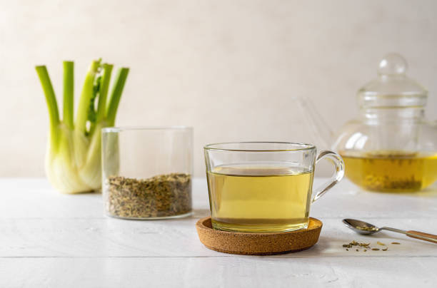 Cup of digestive herbal tea beside fennel and mint sprigs